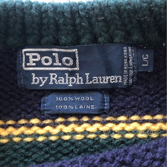 Vintage Polo Ralph Lauren Heavy Chunky Knit Striped Wool Sweater Royal Crest L - Picture 5 of 9